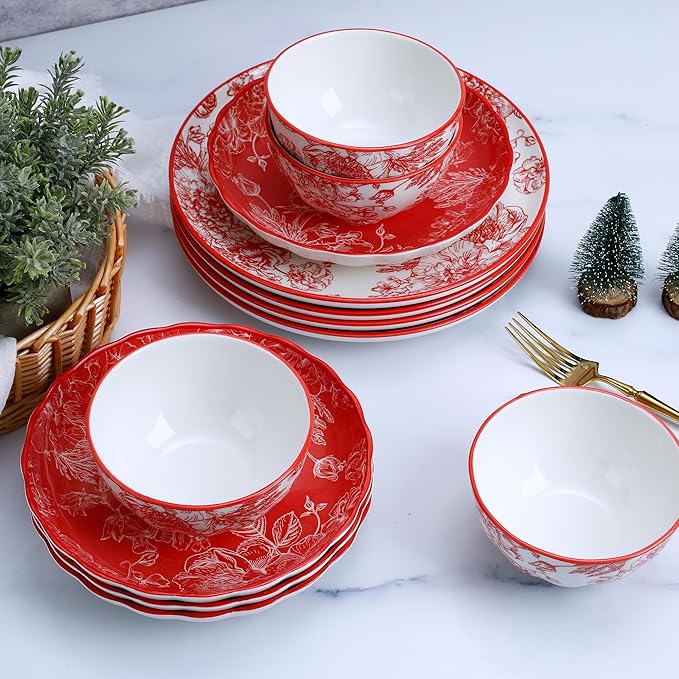 12-Piece Red Rose Dinnerware Set, Porcelain Plates with Full Red Pattern, Service for 4, Microwave and Dishwasher Safe