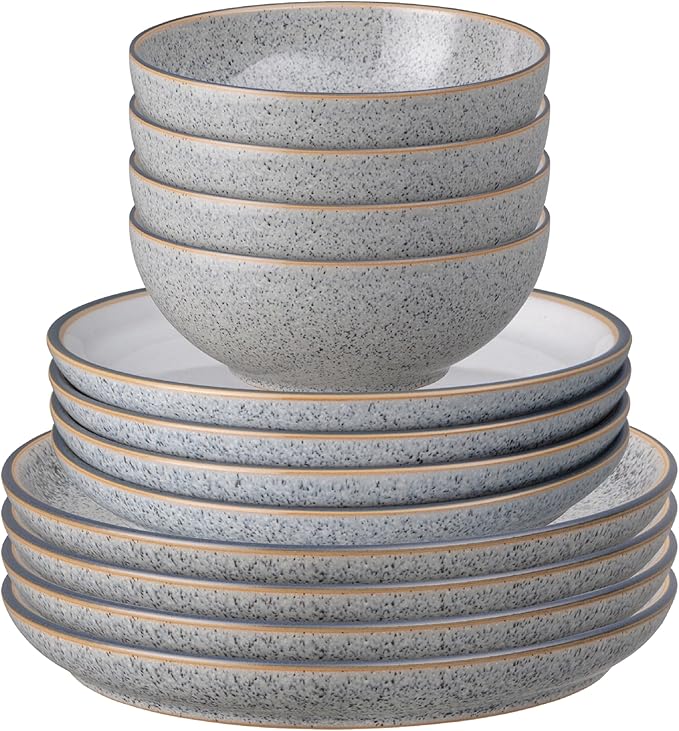 Denby - Studio Grey & White Dinner Set For 4-12 Piece Ceramic Stoneware Tableware Set - Dishwasher Microwave Oven Safe - Scratch Chip Resistant