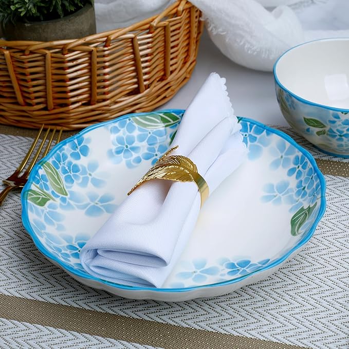 Green Floral Ceramic Dinnerware Set of 2, 14-Piece Plates and Bowls set, Microwave & Dishwasher Safe, Chip Resistant, Family Size Gift Set