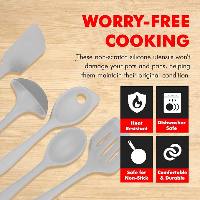 Chef Craft - Premium Silicone Kitchen Tools and Utensils Set, Non-Scratch, Withstands Temperatures up to 450째F, BPA-Free, 5 Piece Cooking Utensils Set, Gray
