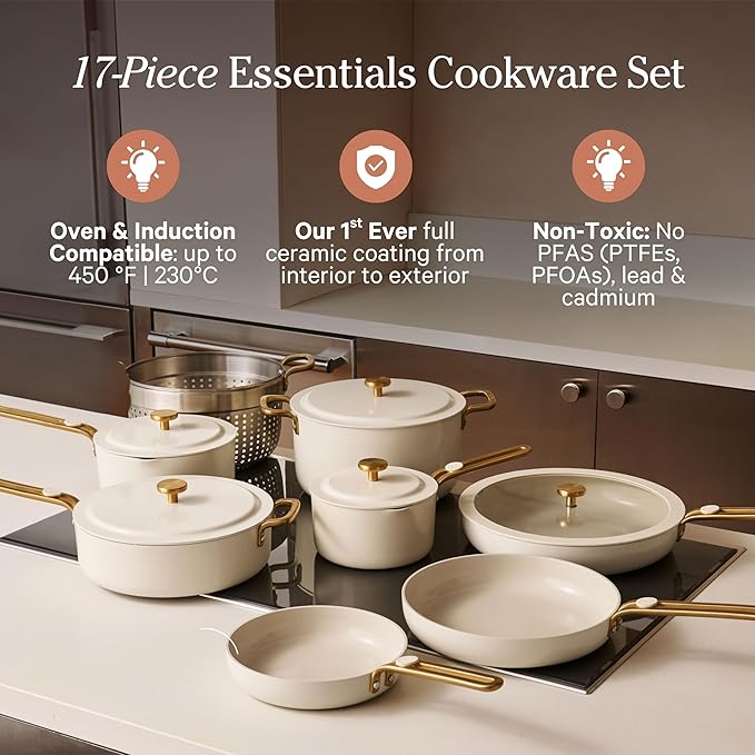 Our Place 17-Piece Essentials Complete Cookware Set - Ceramic Fry Pans, Saucepans, Saut챕 Pan, Stock Pot, Strainer Basket & Modular Storage | Thermakind??Nonstick, Oven Safe up to 450째F | Cream