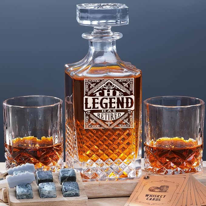 PONPUR The Legend Has Retired 2025 Retirement Gifts for Men Women, Whiskey Decanter Gift Set with 2 Whisky Glasses, Best Christmas Birthday Presents for Dad Coworkers Teacher