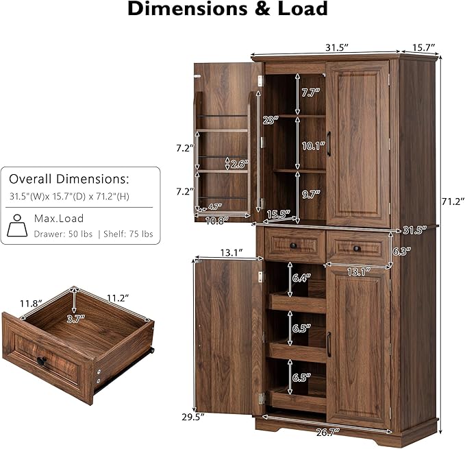 Ball & Cast 71?쿟all Farmhouse Kitchen Pantry Cabinet with 3 Pull Out Shelves & 2 Large Drawers,Versatile Pantry Storage Cabinet w/ 6 Door Shelf & Adjustable Shelves for Kitchen,Dining Room,Walnut