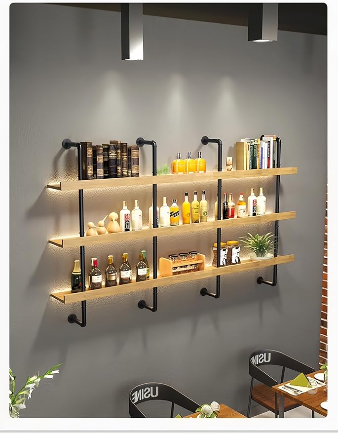 47 Inch Large Wall Mounted Wine Rack, 3 Tier Industrial Pipe Shelf Rustic Wood Floating Shelves, Wall Bar Shelves for Liquor Bottles Display Storage Organizer for Dining Room(Natural, No Lights)