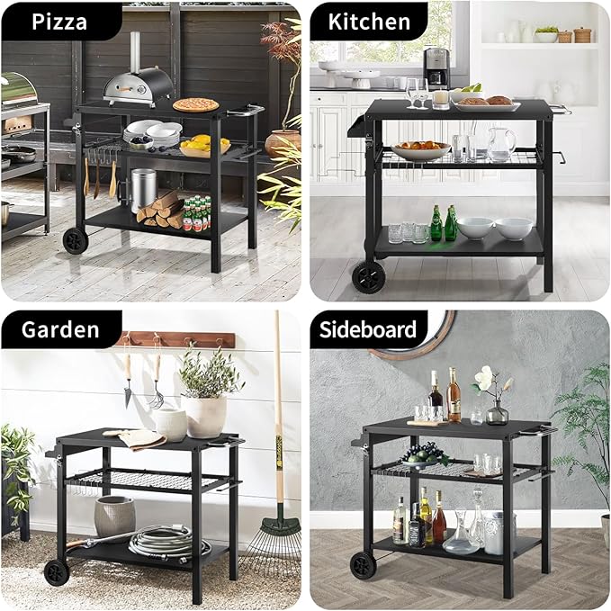 Kendane Grill Cart Table with Three Shelf, Movable Outdoor Dining Cart Pizza Oven Stand with Three Hooks, Kitchen Cart Island Multifunction Food Prep Table (Black)
