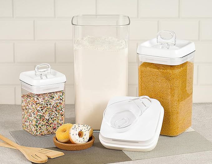 Felli Flip Tite Acrylic Food Storage Container with Lid 6??XL Air Tight Ring Seal Flip Top, Plastic Kitchen Baking Canister for 5 lb Flour Protein Powder Pantry Organizer (Nest-L, White) With Scoop