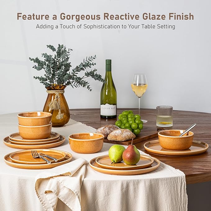 GBHOME Ceramic Dinnerware Sets for 6, 18 Pieces Stoneware Plates and Bowls Sets, Scratch Resistant Dishes, Dishwasher & Microwave Safe, Reactive Glaze-Amber