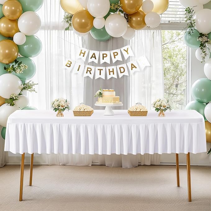 Wish Care White Spandex Table Clothes for 8 Foot Rectangle Tables Wrinkle Free Stretch Fitted Tablecloth 8ft Pleated Ruffle Elastic Table Cover Skirt for Banquet Dining Outdoor Home Party Tablecloth
