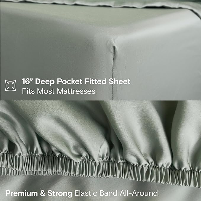 DOZ Sheet Set, 100% Viscose derived from Bamboo, Organically Grown, Buttery Soft, Cooling Sheets, High GSM, Deep Pockets - 3 Piece - 2 Pillowcases 1 Fitted Sheet (Sage, Queen)