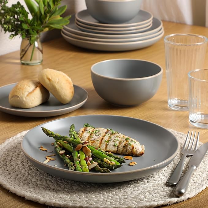 Gibson Home Rockaway 12-Piece Stoneware Dinnerware Set, Matte Finish, Service for 4, Modern Ceramic Plates and Bowls, Microwave & Dishwasher Safe ??Soft Gray - Service for 4