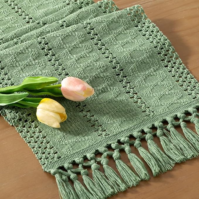 Socomi Sage Green Boho Table Runner Valentine's Day Farmhouse Rustic Dining Kitchen Centerpiece Decor Small Macrame Woven Cotton Linen Coffee Table Runner for Dresser Scarf Home Decor 12x48 inch