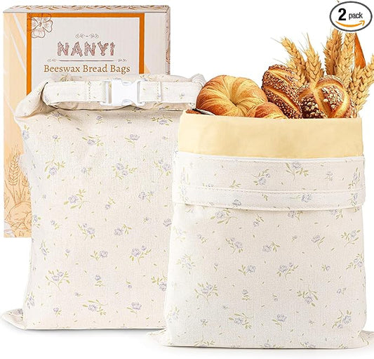 2-Pack Reusable Beeswax Bread Bags for Sourdough & Homemade Bread竊똂otton Waxed Bags Keeps Fresh Longer(Azure Petals)