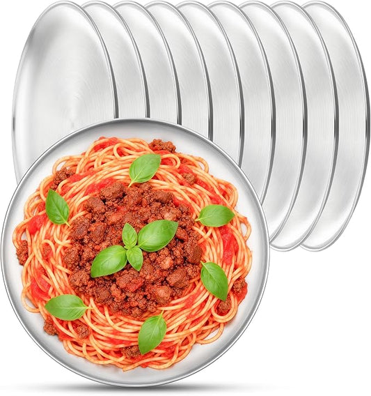 Metal Dinner Plate, 10 Pack 10.2 inch Large 201 Stainless Steel Plates, Reusable Lunch Salad Pizza Food Serving Snack Eating Dishes Round Brushed Finish Silver Sturdy Dish Oven Dishwasher Safe