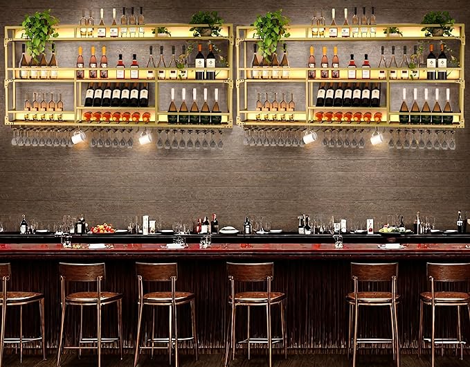 39Inch Metal Wall-Mounted Wine Rack with LED Light, 3 Tier Wine Storage Display Rack with Glass Holder, Space-Saving Bottle and Cup Display Shelf for Home Bars, Dining Rooms, Gold
