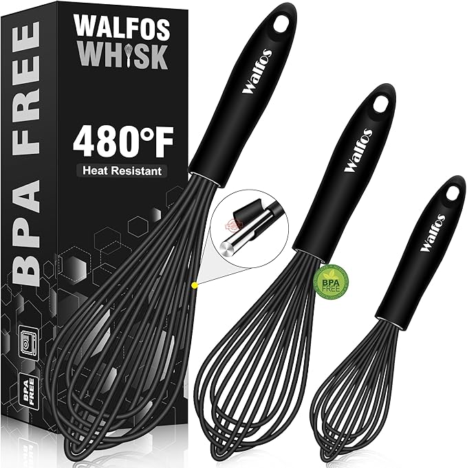 Walfos Silicone Whisk,Stainless Steel Wire Whisk Set of 3 -Heat Resistant 480째F Kitchen Whisks for Non-stick Cookware,Balloon Egg Beater Perfect for Blending,Whisking,Beating,Frothing & Stirring,Black