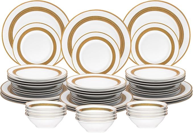 48 Piece Elegant Dinnerware Sets for 12 ??Porcelain Plates, Bowls ??White and Gold Rope Vintage Design Dishware for Kitchen Table, Formal Dining or Everyday Use (Rope Gold)