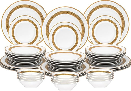 48 Piece Elegant Dinnerware Sets for 12 ??Porcelain Plates, Bowls ??White and Gold Rope Vintage Design Dishware for Kitchen Table, Formal Dining or Everyday Use (Rope Gold)
