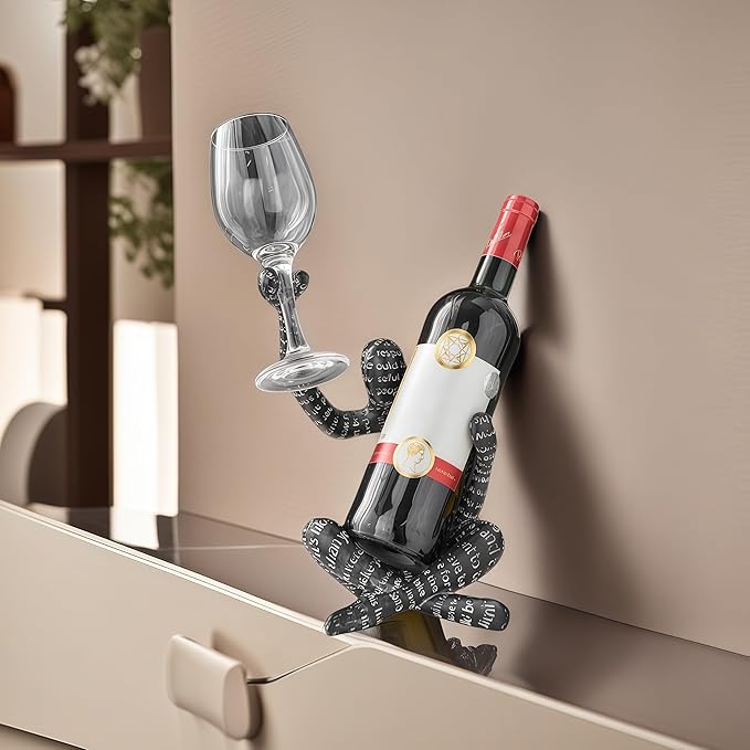 XINXUAN Abstract Wine Bottle Holder Home Decor, Resin Hollow-Out Design Decorative Wine Rack (Letter - Black)