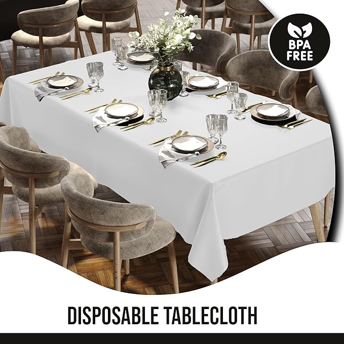 Party Solids 12-Pack White Plastic Disposable Tablecloth ??Size: 60 횞 84 Inches ??Rectangle Table Cover for Parties, Picnics & Formal Events