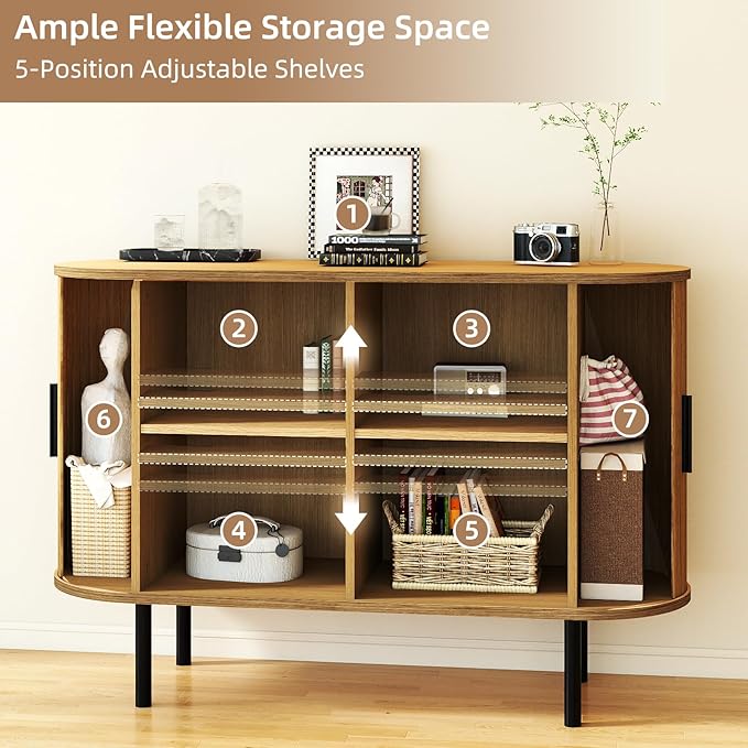 EAG Buffet Cabinet with Storage, 47" Fluted Cabinet with Sliding Doors/Adjustable Shelves/Curved Profile, Credenza Sideboard Cabinets for Living Room, Kitchen, Entryway