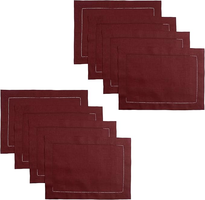 D'Moksha Homes Linen Placemats Set of 8 - Classic Hemstitch Dark Red Placemats 14 x 19 Inch - 100% Pure Linen Table Mats for Valentines, Spring - Handcrafted and Machine Washable