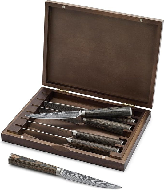 GreenPan x Bobby Flay 6 Piece Steak Knife Set with Wood Storage Box, Premium Stainless Steel Blades, Precision Cutting Tools, Ultra-Versatile Cutlery, Hand Finished Wood Handle, Damascus Steel Design
