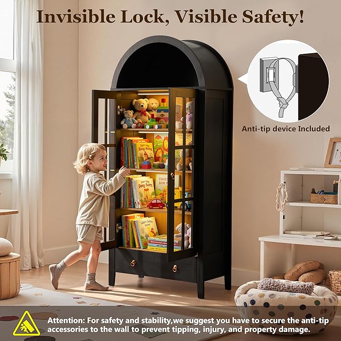 71" Tall Arched Cabinet with Glass Doors, Wood Kitchen Pantry with LED Sensor Lights, Farmhouse Freestanding Versatile Cupboard for Living Room,Dining Room,Home Office, Black