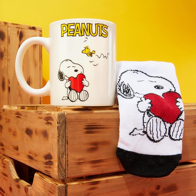 Get Trend Peanuts Snoopy Coffee Mug and Socks Set, 11.5 oz Ceramic Cup with Soft Crew Socks, Woodstock, Christmas, Secret Santa Gifts for Women (Red Snoopy)
