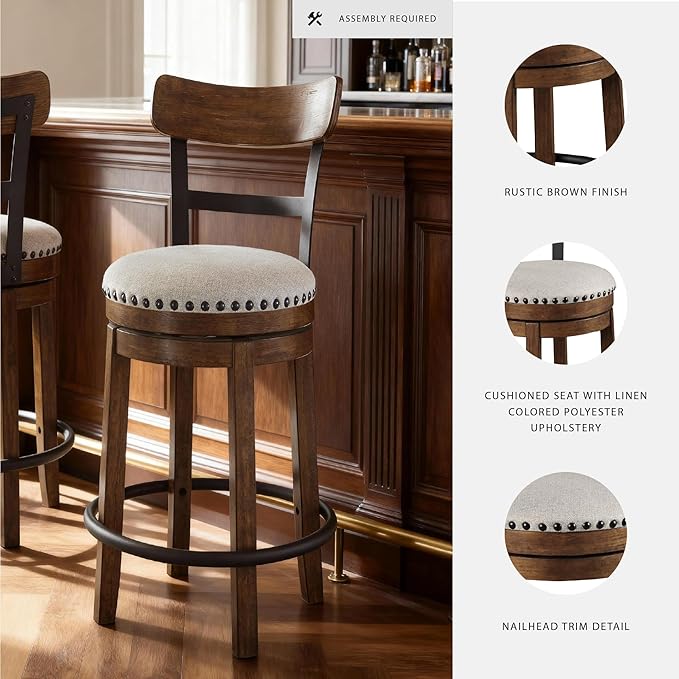 Signature Design by Ashley Valebeck Rustic Farmhouse Swivel Bar Stool ??24.5??Counter Height, 360째 Swivel Metal & Wood Frame, Polyester Upholstery ??Brown