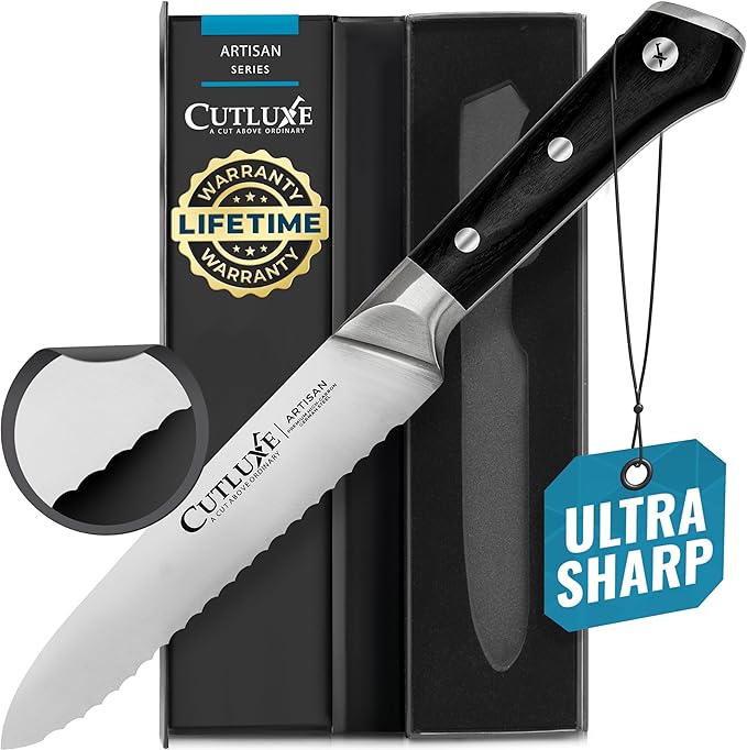Cutluxe Kitchen Utility Knife ??5" Serrated Ultra Sharp Blade, Ergonomic Handle, Full Tang ??Forged High Carbon German Steel ??Artisan Series