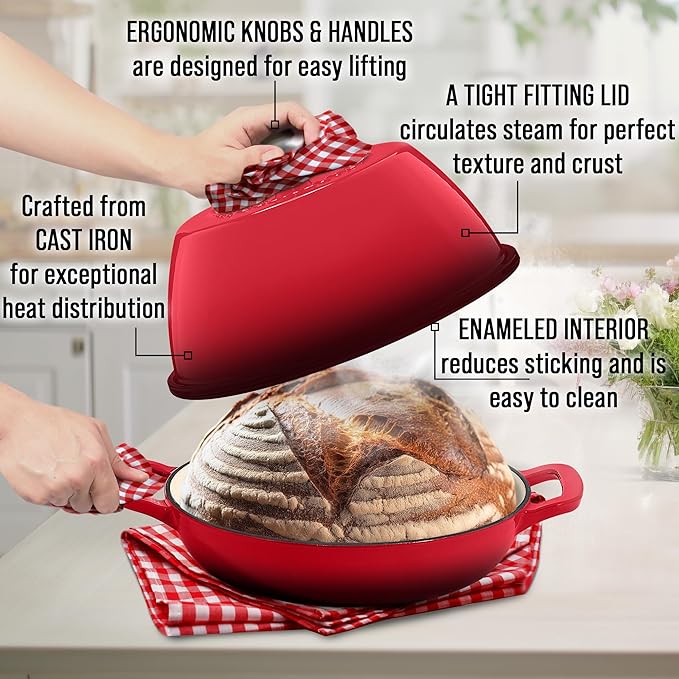 Signature Enameled Cast Iron Sourdough Bread Oven | Non-Stick with Tight Fitting Lid for Perfect Baking and Bread Making | 6QT Round Oven With Lid [Red]