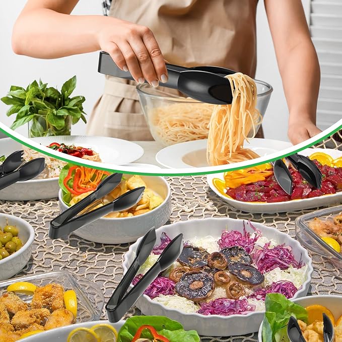 Patelai 48 Pcs 6 Inch Utility Tong Plastic Serving Tongs Bulk Scalloped Serving Utensils Charcuterie Accessories Heavy Duty Tongs for Cooking Appetizers Food Catering Dinner Party (Black)