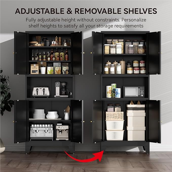 COFaR 69" Tall Modern Kitchen Pantry,Metal Storage Cabinet with Adjustable Shelves,Pantry Cabinet with 6-Tier,Freestanding Cupboard for Kitchen,Dining Room,Living Room,Bathroom,Black