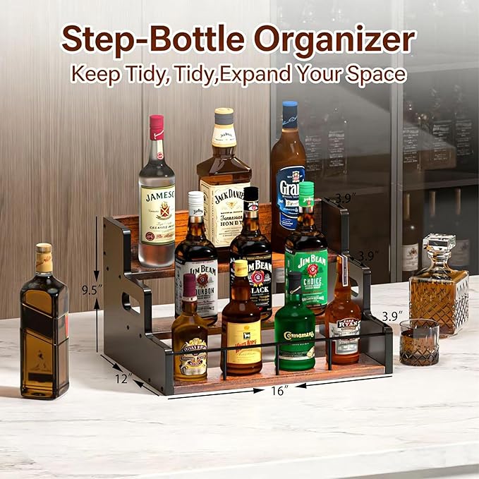 Liquor Bottle Display Shelf,Wood Syrup Organizer Rack,3 Step Countertop Organizer Wine Rack,Rustic Coffee Station Accessories for Syrup (Brown)