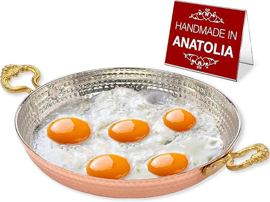 Hakan Copper Egg Pan for Cooking | Handmade Large Frying Pan | Hammered Skillet with Double Handles for Omelette | Authentic Kitchen Cookware & Copper Gifts Idea, 8.7??(22 cm)