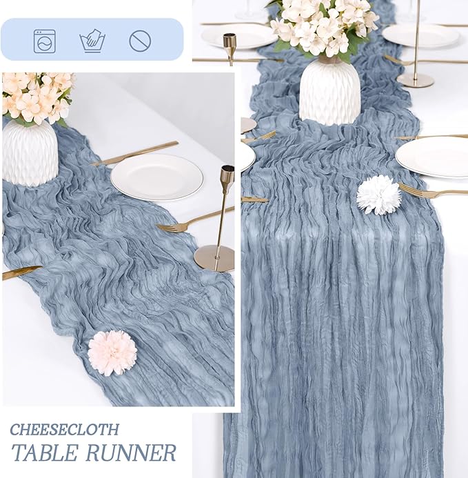 RealBox 6 Pack Dusty Blue Cheesecloth Table Runner 17x108 Inch Semi Sheer Boho Gauze Cheese Cloth Fabric Table Runners Table Decor for Wedding Party Baby Shower Birthday Home Decor Garden Farmhouse