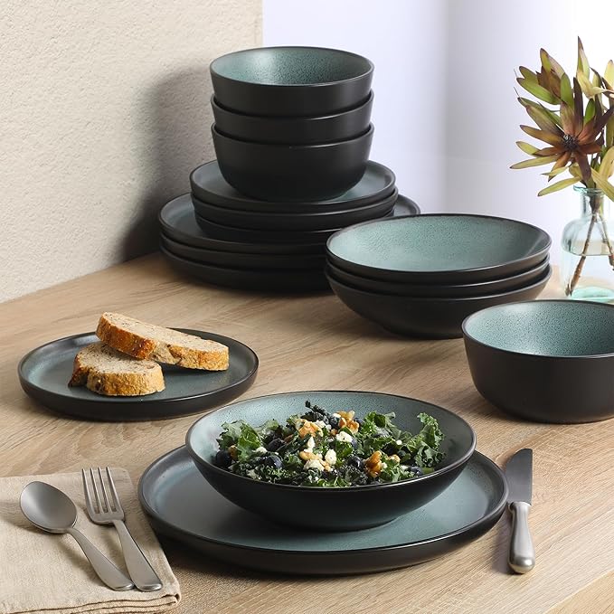 Gibson Elite Tribeca Loft 16-Piece Dinnerware Set ??Matte Black and Green Reactive Glaze Stoneware, Double Bowl Round Plates and Bowls ??Modern Rustic Tableware for 4, Dishwasher & Microwave Safe