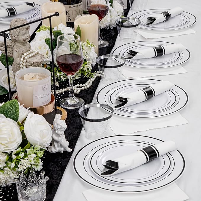 WELLIFE 210Pcs Black Plastic Dinnerware with Pre Rolled Napkins, Include:30 Dinner Plates, 30 Dessert Plates, 30 Paper Napkins, 30 Cups, 90 Plastic Cutlery