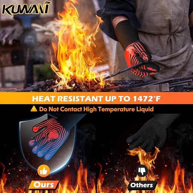 BBQ Gloves, 1472째F Heat Resistant Gloves Fireproof Mitts, Grilling Gloves Silicone Non-Slip Washable Oven Glove, Kitchen Glove for Barbecue, Grilling, Cooking, Baking, Camping, Smoker (Red)