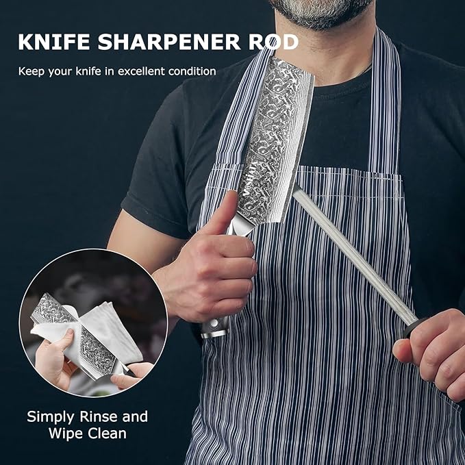 MOSFiATA 7'Nakiri Knife Damascus Professional Sharpe Chef Knife竊?Kitchen Knifed Damascus Steel VG-10 Blade with Ergonomic Handle Sharpener