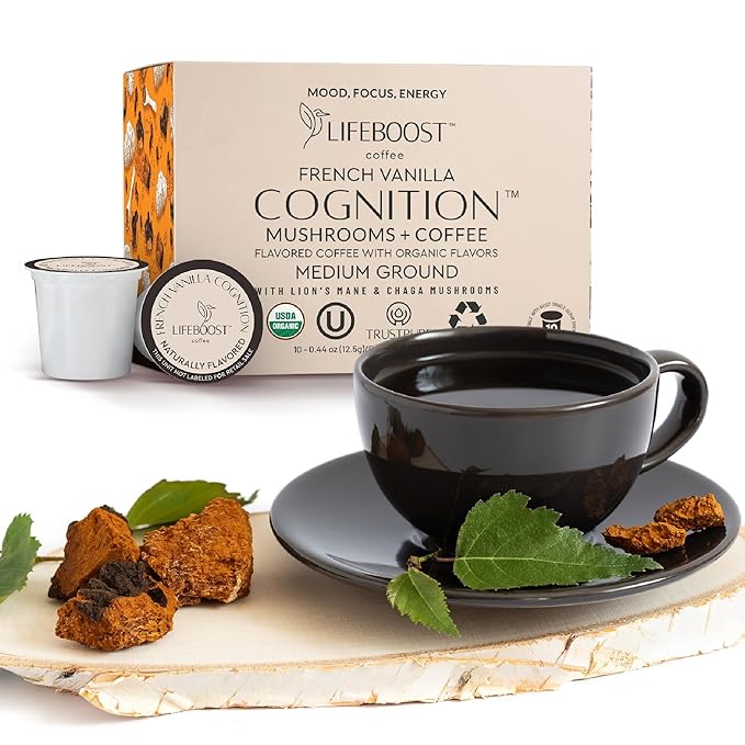 Lifeboost French Vanilla Cognition Mushroom Coffee Pods - Low Acid Organic K-Cups with Lion?셲 Mane & Chaga Nootropic Mushrooms for Focus, Energy & Immune Support - 10 Count