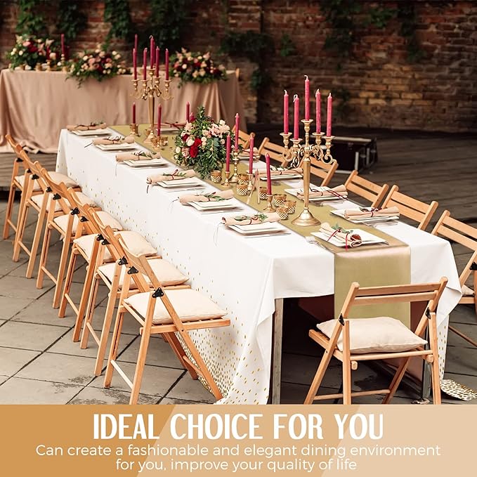 Tudomro 12 Pieces White and Gold Disposable Plastic Tablecloths and Satin Table Runner Set 54x108 Inch Tablecloth 12x108 Inch Table Runners for New Year Wedding Birthday Baby Shower Graduation
