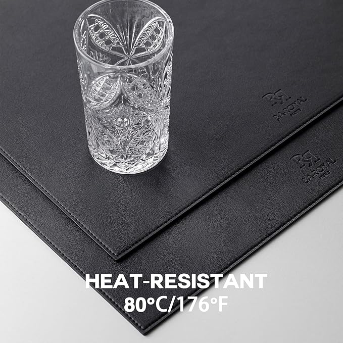 Baroyal Faux Leather Placemats Set of 6 Vinyl Washable Wipeable Table Mats for Kitchen Dining Table Heat Resistant Waterproof Modern Indoor/Outdoor Placemats Non-Slip Easy Clean Place Mats (Black)