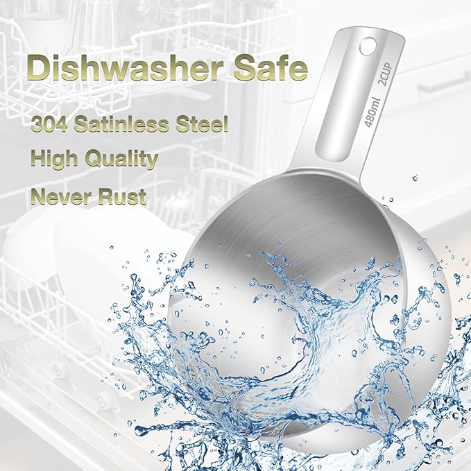 BERYLER 1PCS 2Cup (480ml, 16oz) Single Measuring Cup, Etched Inner Scale Stainless Steel Measure Scoop, Metric and US Measurement, Dishwasher Safe