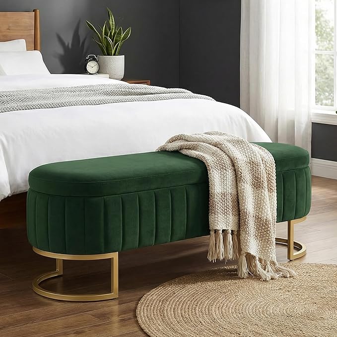 VIROL 65 Inch Storage Ottoman Bench Velvet End of Bed Storage Bench King Size Upholstered Tufted Bench Large Space for Bedroom Living Room Entryway Green