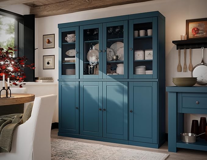 Palace Imports 100% Solid Wood Kitchen Pantry Hutch, Teal Blue, 65" w x 71.5" h x 15.5" d, Renewable Eco-Friendly Wood, Made in Brazil