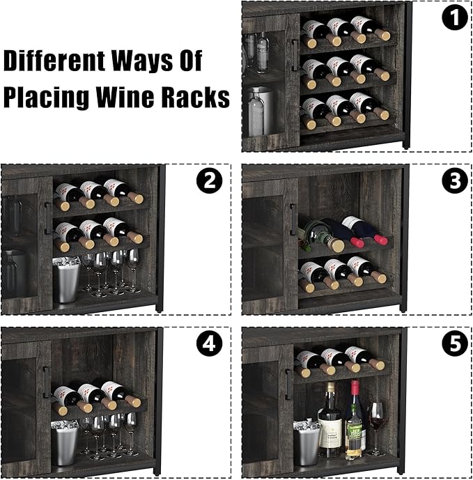 Vintage Industrial Wine Bar Cabinet with Adjustable Wine Racks and Glass Holders, Mesh Door Sideboard Storage Cabinet for Living Room, Kitchen, Dining Room, Compact Design, Easy Assembly,Burnt Color
