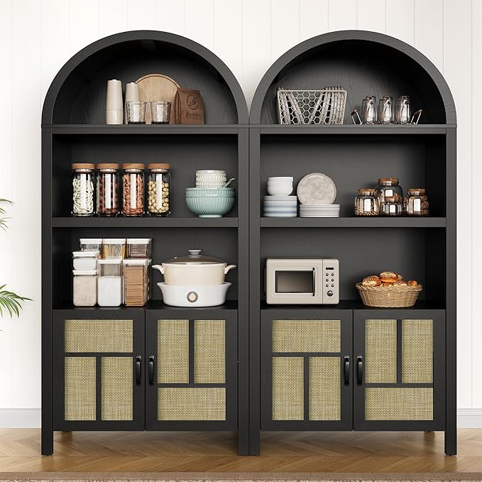 RoyalCraft Arched Rattan Storage Cabinet Set of 2, 70" Tall Boho Kitchen Pantry Display Cabinet with 2 Doors, Farmhouse Bookshelf Cupboard for Living Room Kitchen, Dining Room, Black