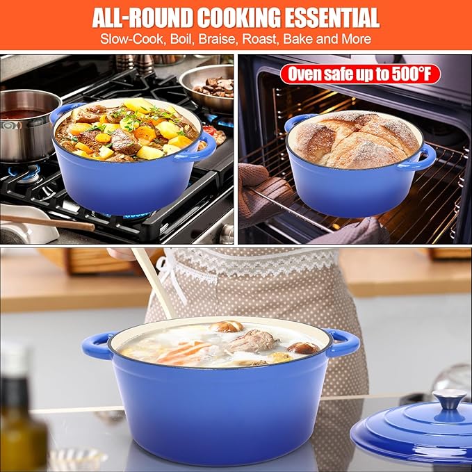 Dutch Oven for Bread Baking, 6QT Enameled Cast Iron sourdough dutch oven with Lid ??Includes Proofing Basket, Scoring Lame, Dough Whisk for Sour dough, Bread-making, Blue