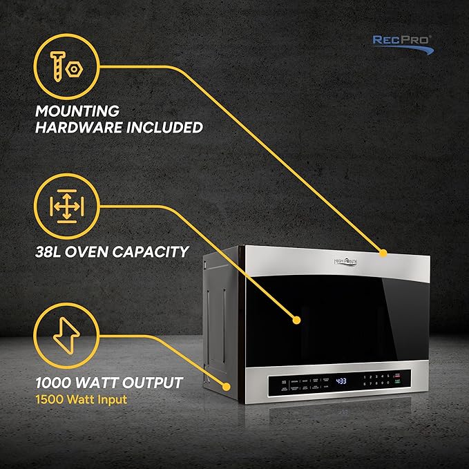 RecPro RV High Pointe 24" Stainless Steel Over the Range Microwave | 1.4 Cu. Ft. | 38L Capacity | 1000 Watts | 13.5" Turntable